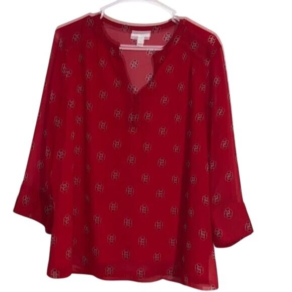 Charter Club Red Floral Print Split-Neck Top With 3/4 Sleeves Womens L Polyester - Picture 2 of 9